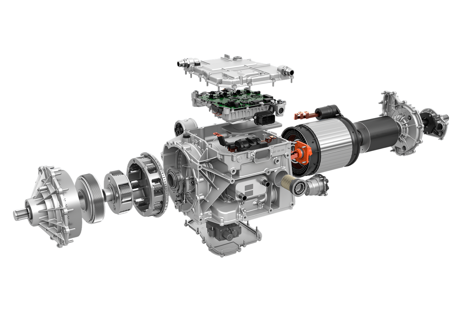 Exploded electric powertrain with motor, transmission, inverter and electronics