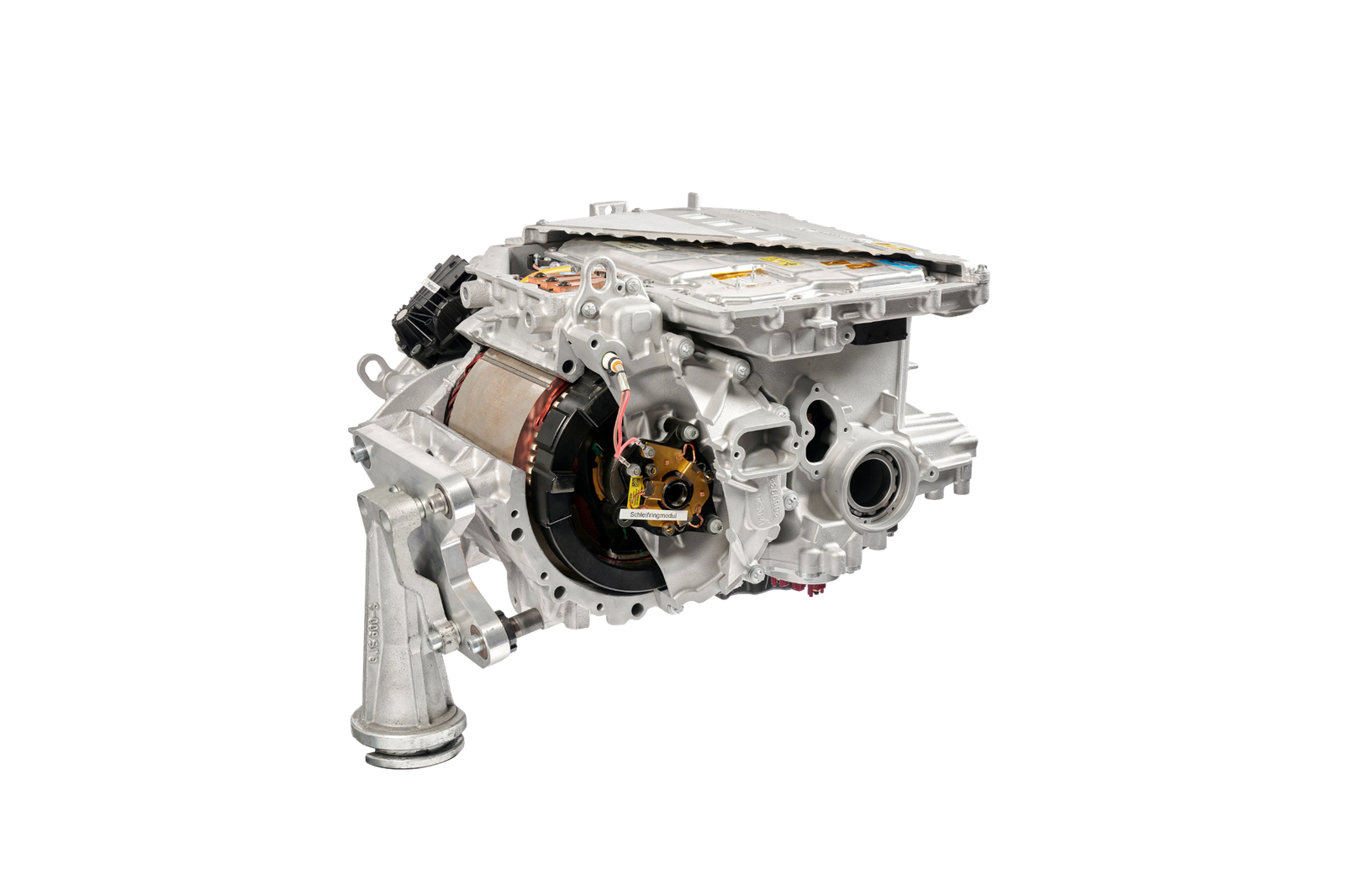 Cutaway traction motor showing copper windings, rotor and housing interfaces
